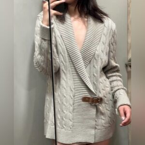 Lauren Ralph Lauren Buckle Wrap Cable Knit Sweater Gray Equestrian